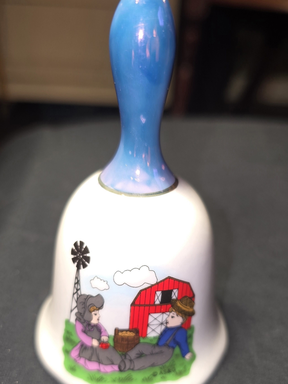 Vintage Folk Art Blue-Handled Farm Scene Decorative Porcelain Bell